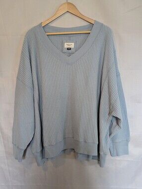 American Eagle Big Hug Waffle Knit Sweatshirt Oversized V Neck Pullover Blue XL
